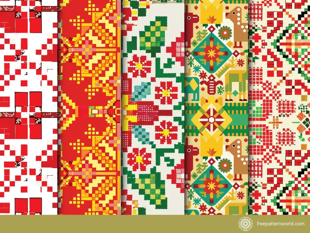 Collection of five seamless pixelated or cross-stitch patterns, featuring red geometric designs, colorful floral motifs, and folk-art inspired animals on light backgrounds.