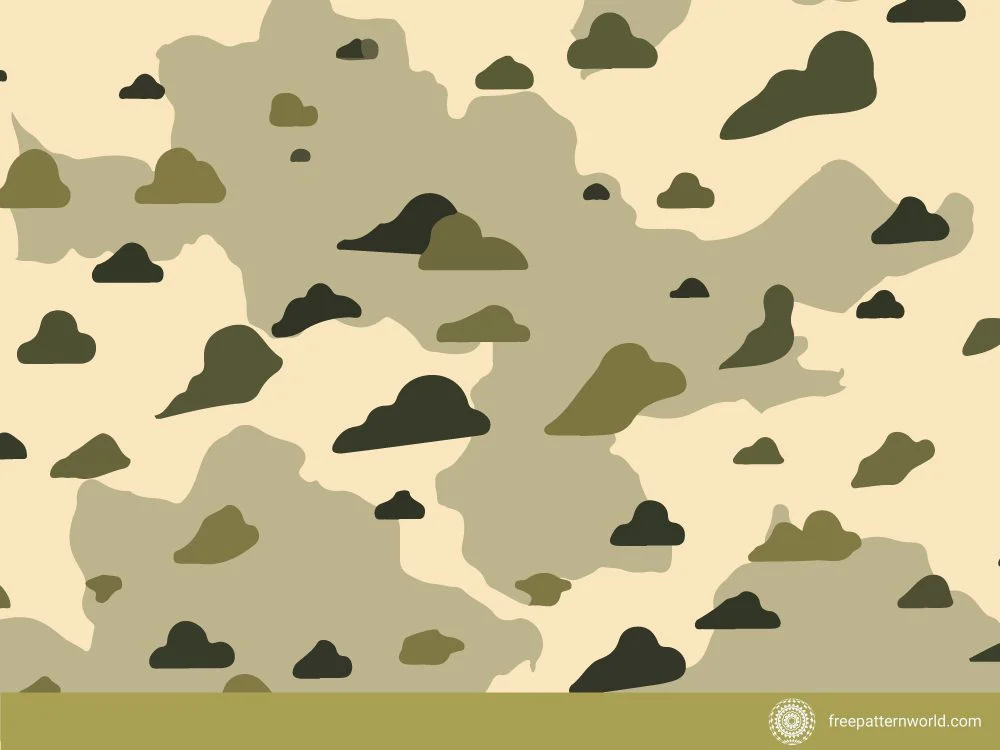 Seamless desert camouflage pattern with organic cloud-like shapes in shades of light beige, tan, dark brown, and olive green.