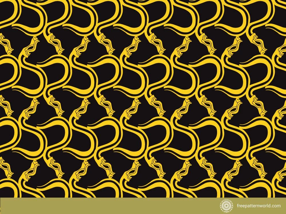 Seamless pattern of yellow stylized feathered serpents or dragons on a black background.