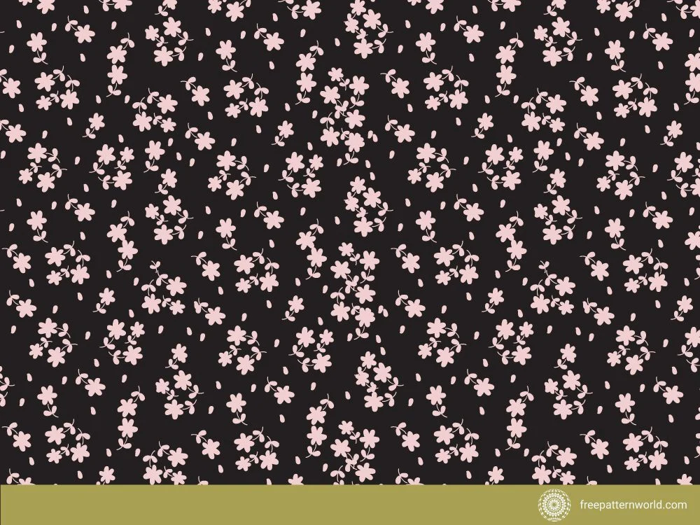Seamless pattern of small pink floral clusters and scattered white dots on a black background.
