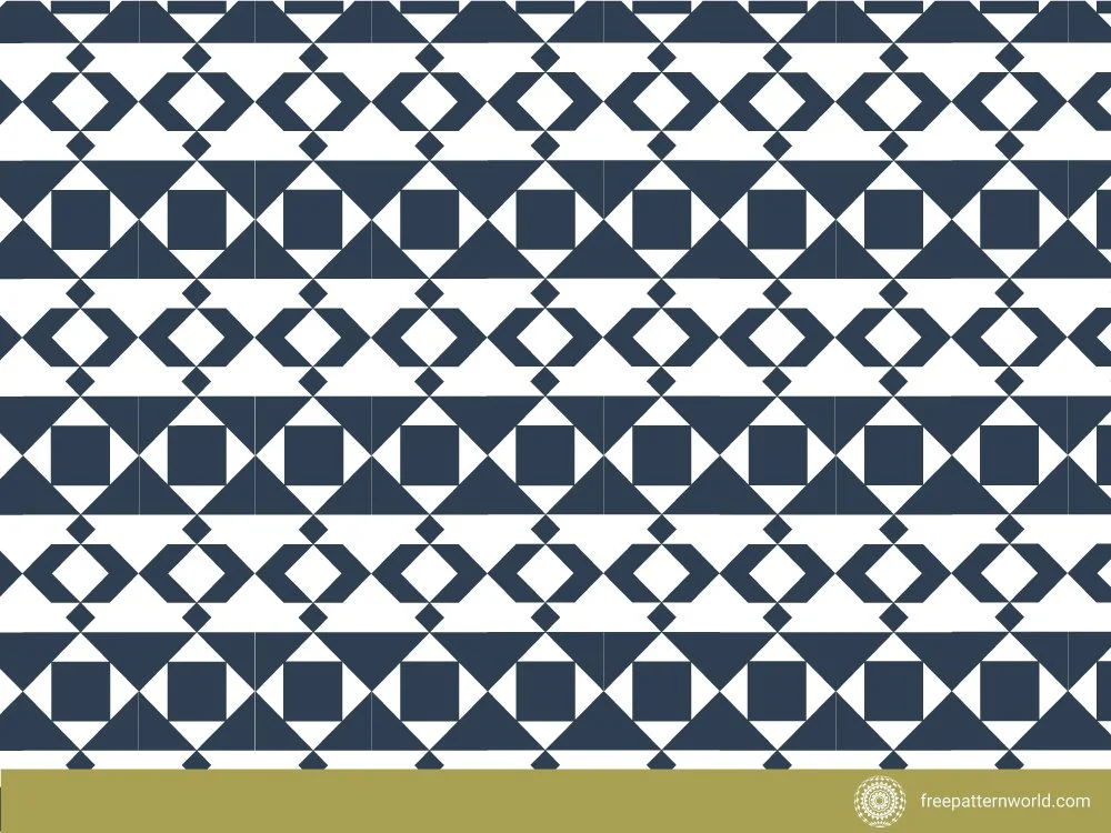 Seamless black and white geometric pattern with repeating triangles, diamonds, and squares.