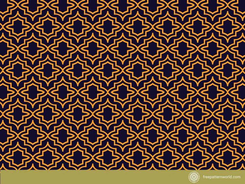 A seamless dark blue and orange Lattice Symmetrical Pattern quatrefoil Design, featuring repeating geometric and Islamic-inspired shapes.