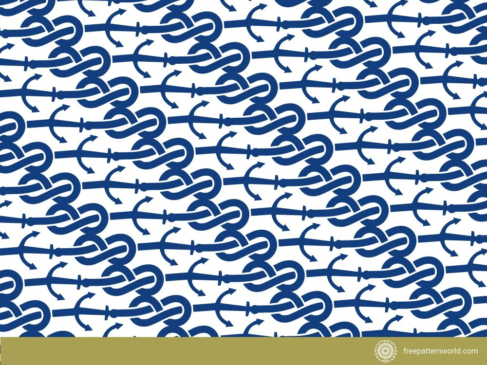 Seamless pattern of blue nautical knots and small anchors on a white background.