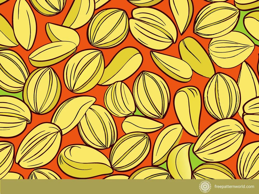 Seamless pattern of stylized yellow-green pistachio nuts, both shelled and unshelled, with black outlines on a vibrant orange background