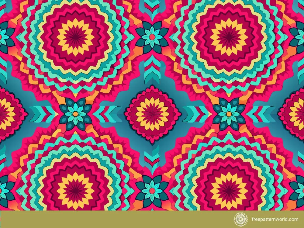 Symmetrical Pattern vibrant mandala or ripple pattern with concentric floral designs and geometric elements in pink, yellow, turquoise, and blue