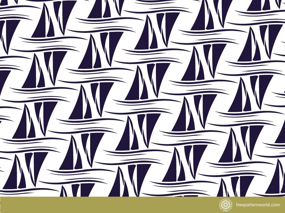 Seamless pattern of dark blue sailboats on wavy lines representing water, against a white background.