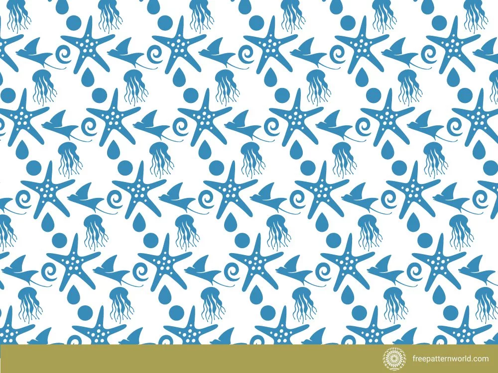 Seamless pattern of blue starfish, manta rays, jellyfish, and water drops on a white background.
