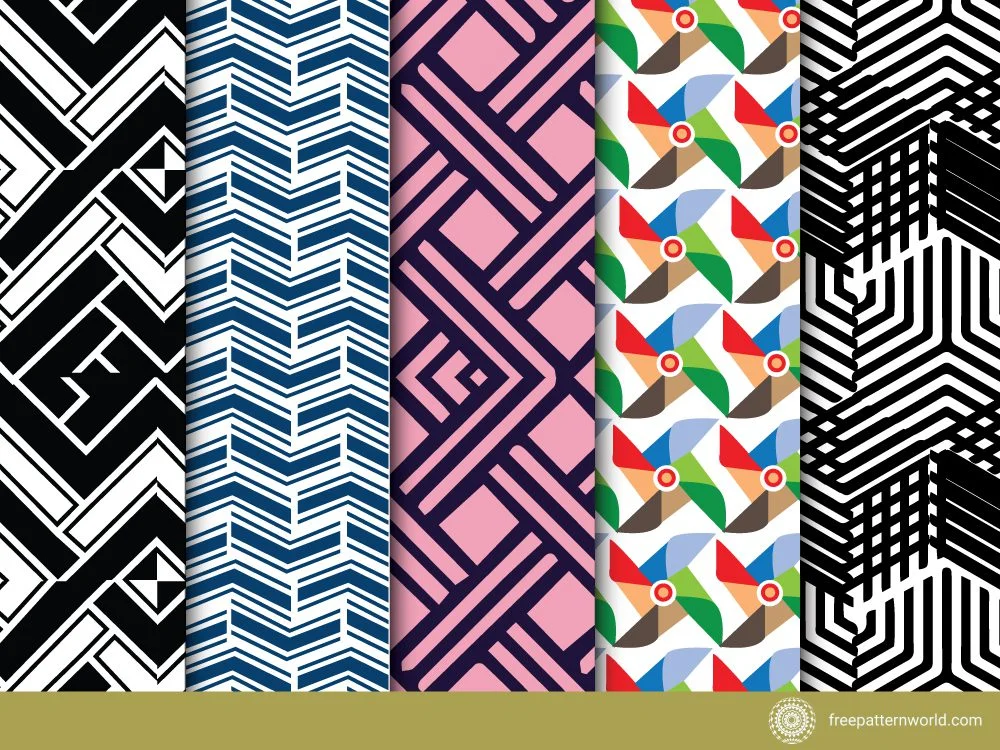 Five distinct seamless tile patterns: black and white geometric, blue and white chevron, pink and dark purple interlocking lines, colorful pinwheels, and black and white abstract zigzags.