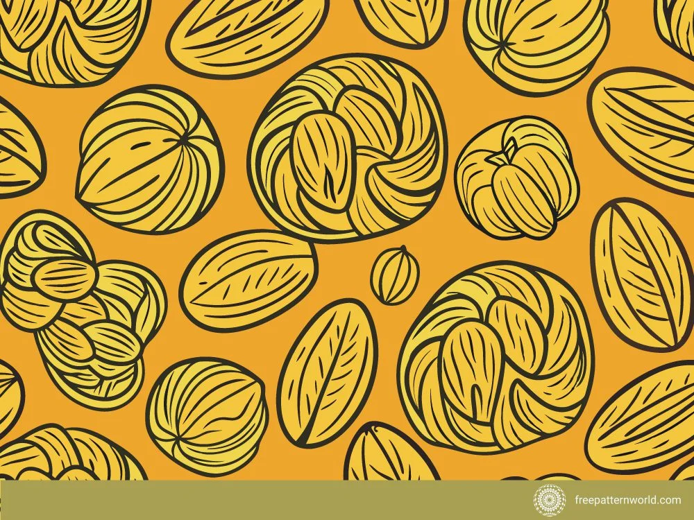 Seamless pattern of stylized yellow walnut shells and kernels with black outlines, scattered on an orange background