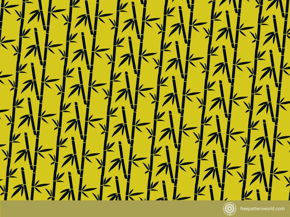 Seamless bamboo pattern with black bamboo stalks and leaves on a vibrant yellow background.