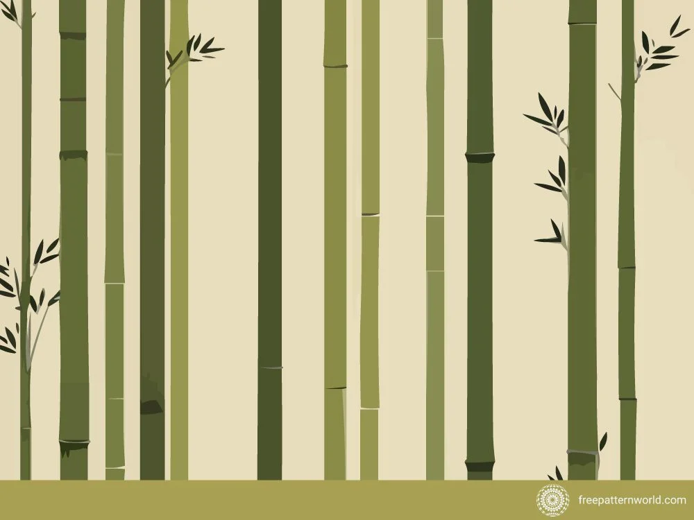 Seamless bamboo pattern with varying shades of green stalks and sparse black leaves on a light beige background.