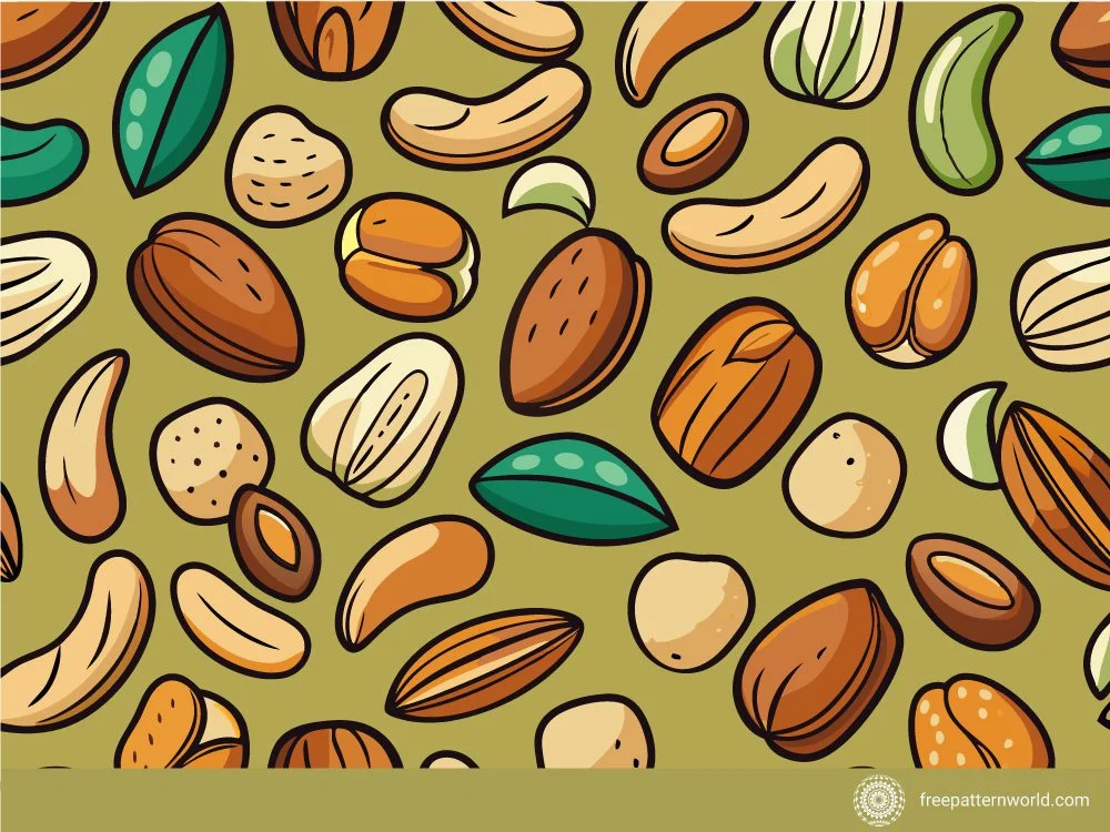 Seamless pattern of mixed nuts and seeds including almonds, cashews, peanuts, and pistachios on a green background.