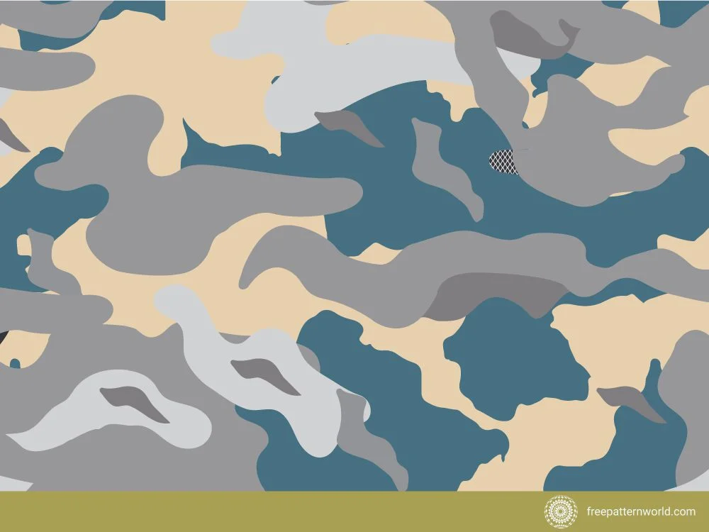 Seamless MultiCam-style camouflage pattern with organic shapes in shades of blue, light gray, beige, and dark gray, including a small crosshatch detail.