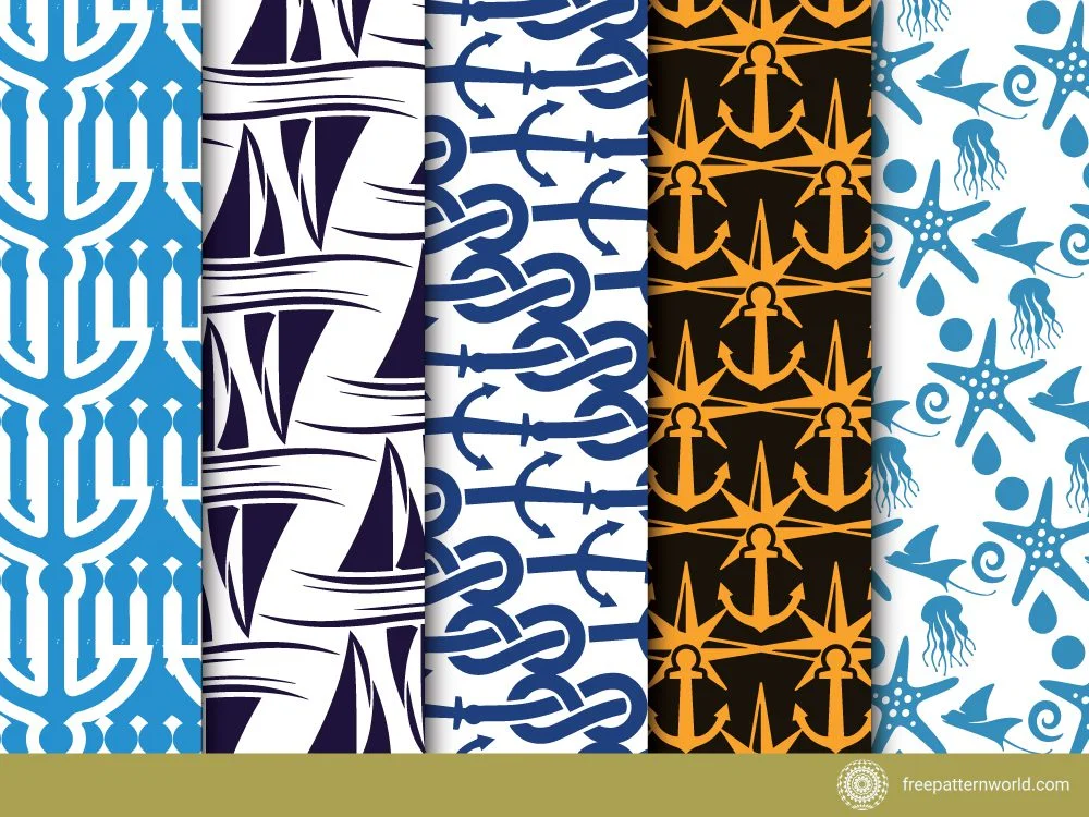 Five seamless nautical patterns including abstract blue anchors, dark blue sailboats, blue knots and anchors, orange anchors and stars on black, and blue sea creatures on white.
