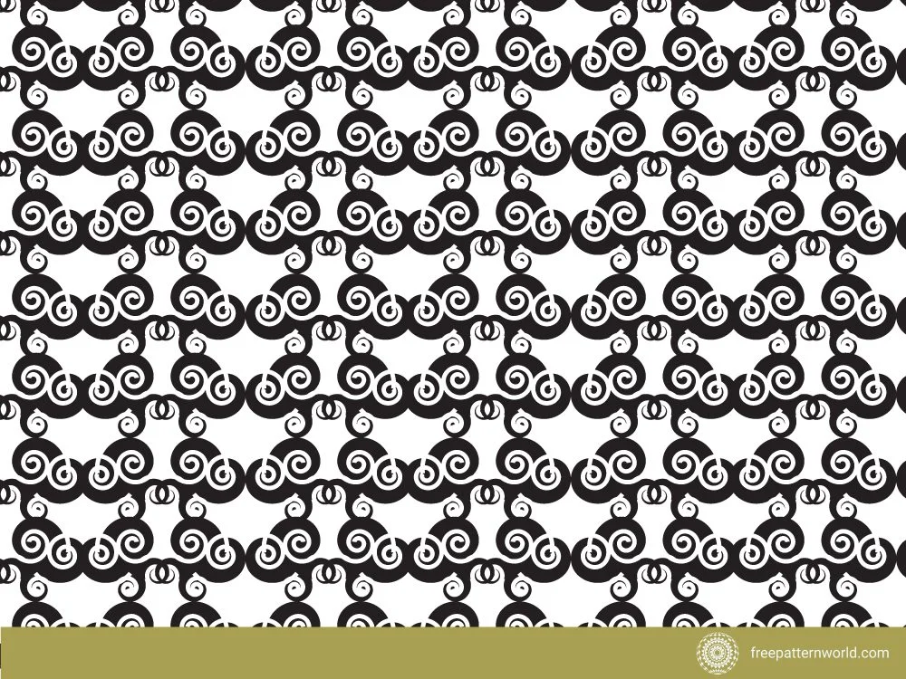 Seamless organic pattern with repeating black and white interlocking spiral and swirl motifs.