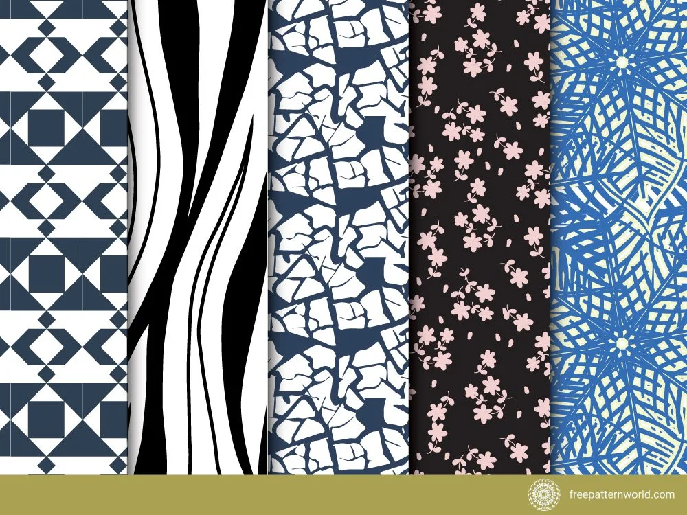 Five diverse seamless patterns: a blue and white geometric tile, a black and white wavy stripe, a cracked ice effect in blue and white, pink cherry blossoms on a dark background, and an intricate blue and white leafy abstract design.