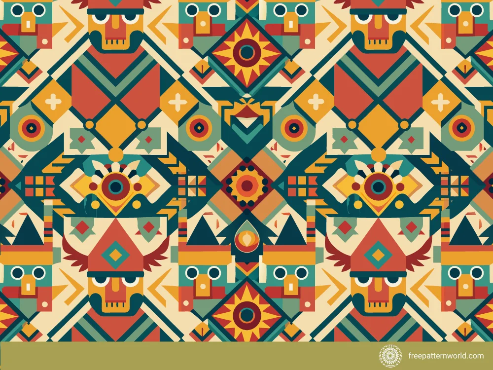 Seamless abstract geometric pattern with tribal or Aztec-inspired motifs in rich tones of teal, red, yellow, and beige
