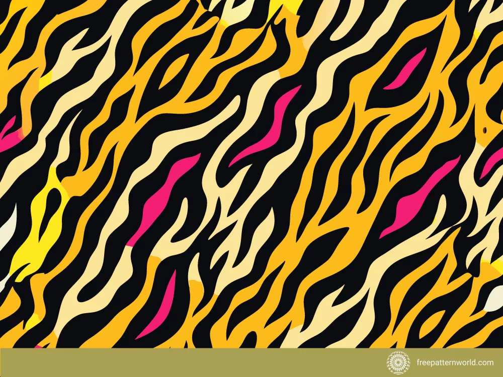 Seamless animal print pattern with abstract yellow, cream, and pink stripes on a black background, resembling tiger or zebra markings.