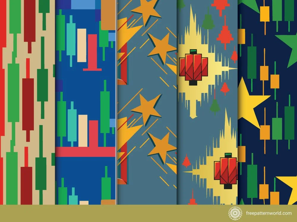 Collection of five seamless patterns, including green and red stock market candlesticks, shooting stars and lanterns on blue, and abstract Christmas themed designs.