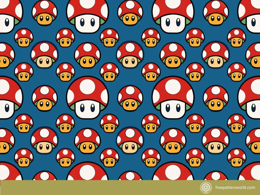 Seamless pattern of classic red and white Mario-style power-up and 1-Up mushrooms with faces on a blue background