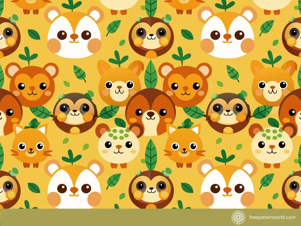 Seamless pattern of cute cartoon animal faces, including bears, foxes, and hedgehogs, with green leaves on a yellow background