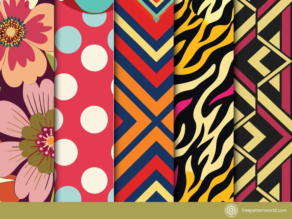 Collection of five seamless dress patterns, including large vintage floral, red with white polka dots, colorful geometric chevron, black and yellow animal print, and Art Deco geometric glam.