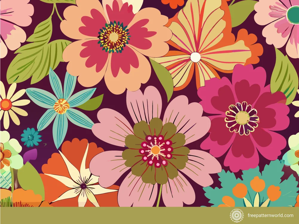 Seamless vintage floral pattern with large stylized flowers in pink, orange, red, and blue tones, with green leaves on a dark purple background