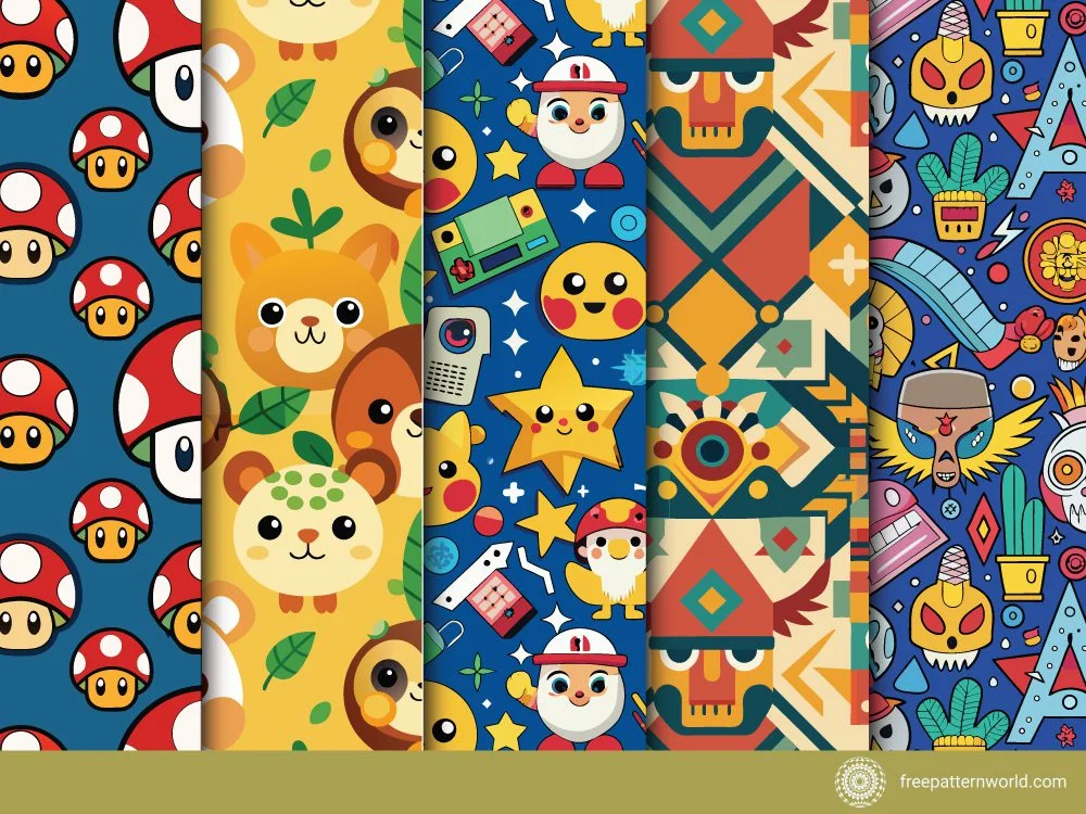 Collection of five seamless Perler Bead Patterns, including red and white mushroom characters, cute animal faces on yellow, retro video game icons, abstract tribal geometric, and colorful pop culture symbols.