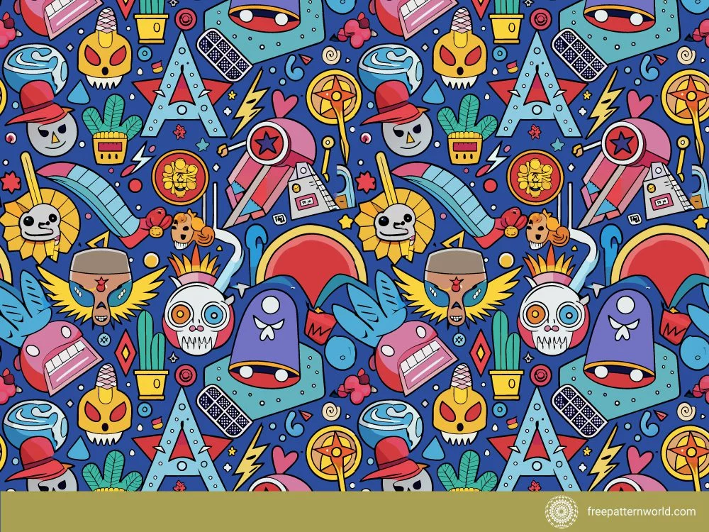 Vibrant seamless pattern of diverse pop culture icons and abstract elements, including skulls, faces, plants, and geometric shapes, on a dark blue background