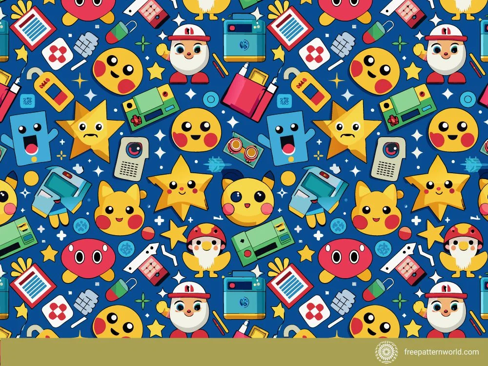 Seamless pattern of colorful retro video game characters and elements including pixelated faces, stars, game consoles, and icons on a blue background