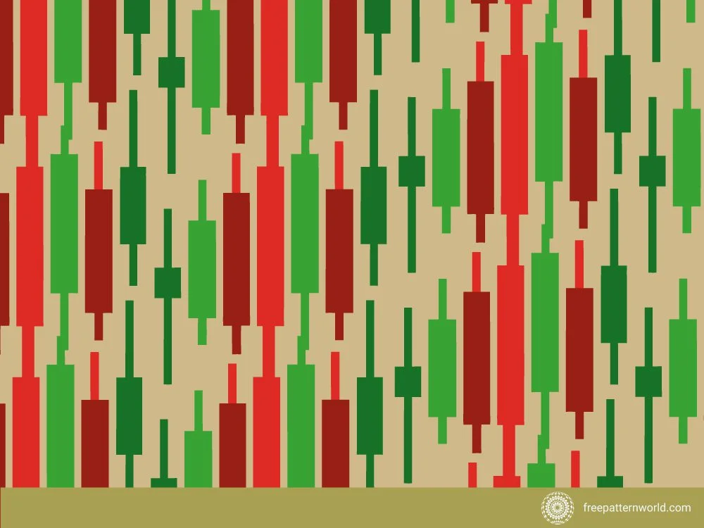 Seamless pattern of repeating red and green vertical bars resembling financial candlestick or Doji chart patterns on a beige background