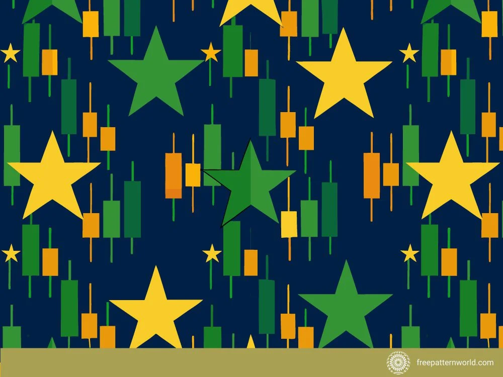 Seamless pattern of green and orange financial candlestick chart bars with scattered yellow and green stars on a dark blue background