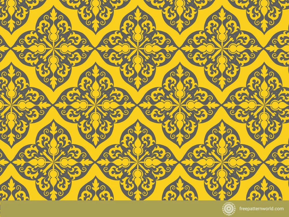 Seamless Rococo ogee pattern with ornate dark grey floral and scrollwork medallions on a warm yellow background