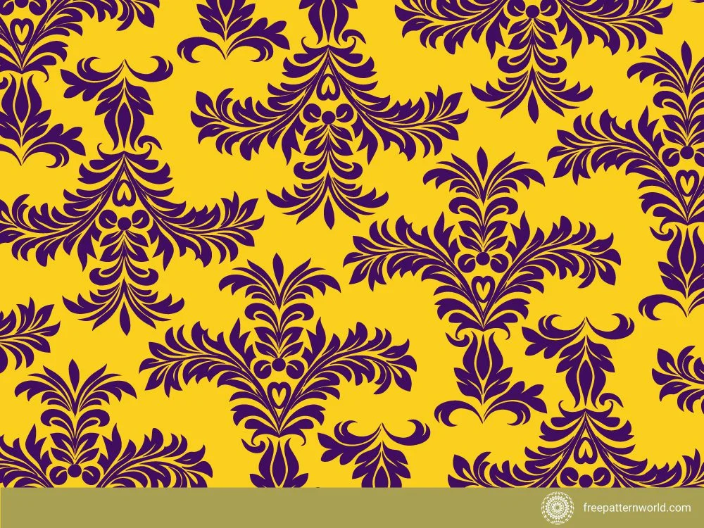 Seamless Rococo pattern with intricate dark purple scrolling foliage and floral designs on a vibrant yellow background