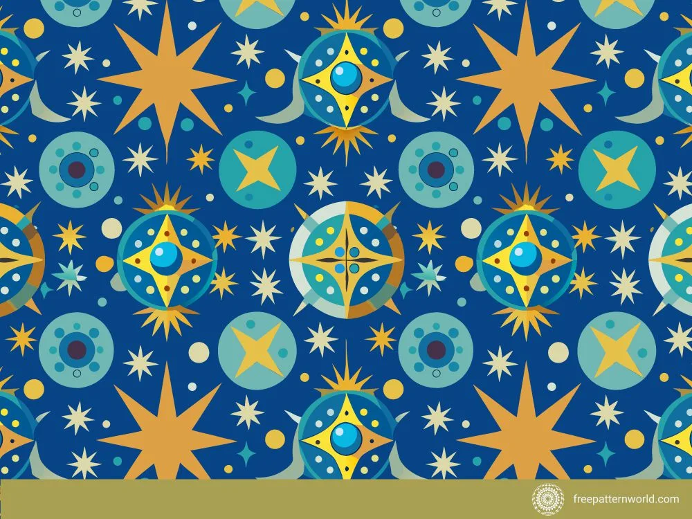 Seamless celestial pattern with golden stars, moons, abstract planets, and ornate blue and yellow spheres on a dark blue background.