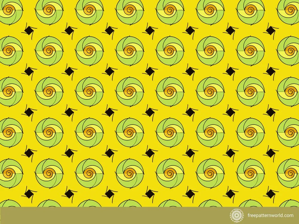Seamless pattern featuring green and yellow Fibonacci spirals and small black geometric shapes on a bright yellow background.