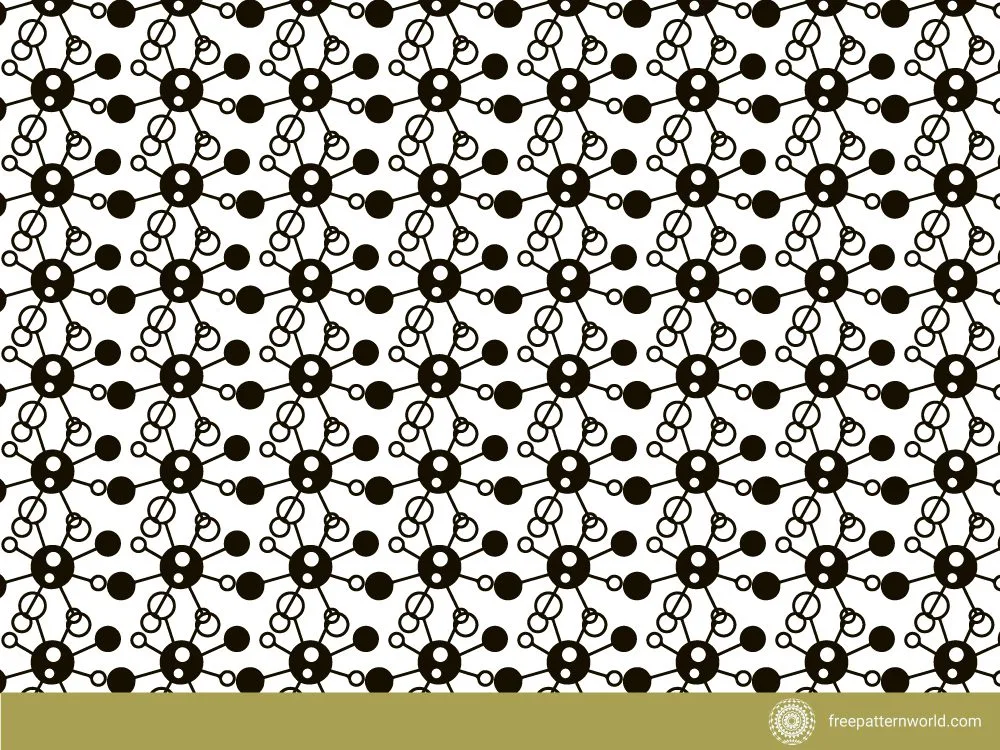 Black and white seamless pattern resembling interconnected molecular structures or atoms.