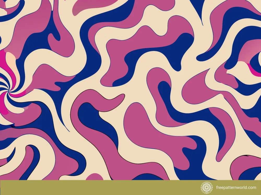 Swirling abstract pattern with organic shapes in shades of pink, dark blue, and cream.