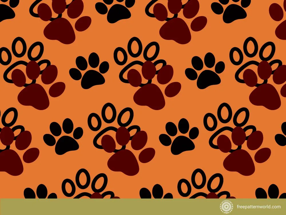Seamless pattern of black and dark red paw prints on a bright orange background.