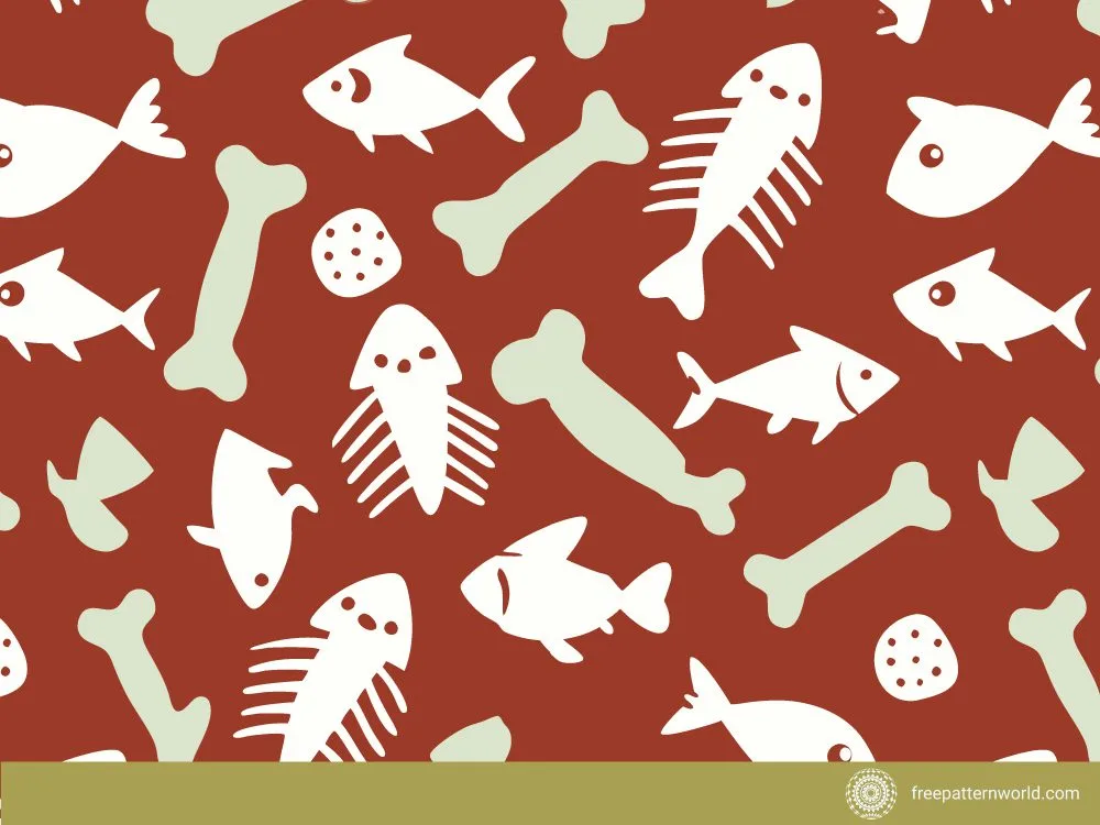 Seamless pattern with white fish, fish skeletons, and light green bones on a reddish-brown background.