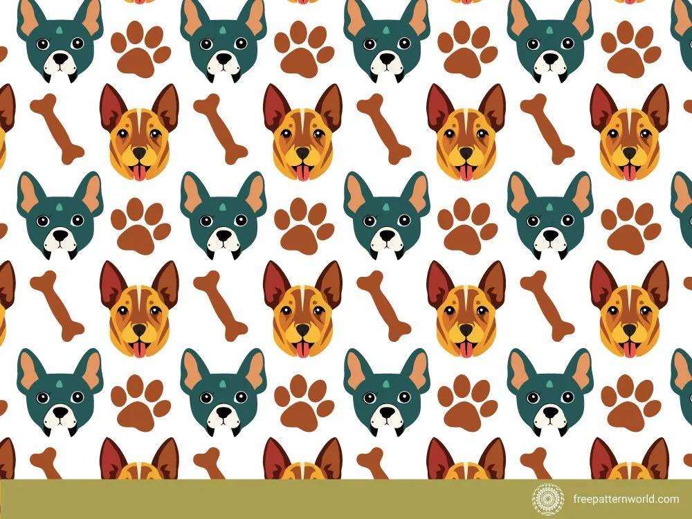 Seamless pattern featuring cartoon dog faces, paw prints, and bones on a white background.