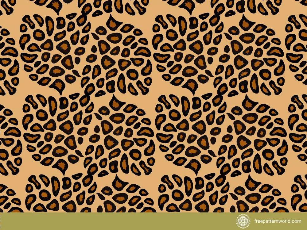Seamless leopard print pattern with clustered black and brown spots on a tan background.