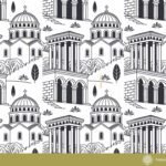 Seamless pattern of black and white illustrations featuring classical architecture, including domed churches and buildings with columns.