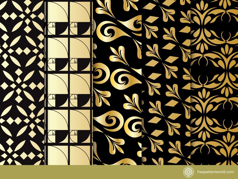 A set of five luxurious seamless patterns featuring golden designs on a black background, including geometric, abstract, and intricate floral motifs, showcasing a Golden Harmony Pattern aesthetic.