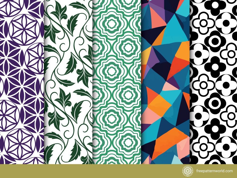 A collection of five seamless patterns, including purple geometric, green floral, green ornate, abstract colorful, and black and white floral designs, showcasing diverse Symmetrical Pattern Design examples.