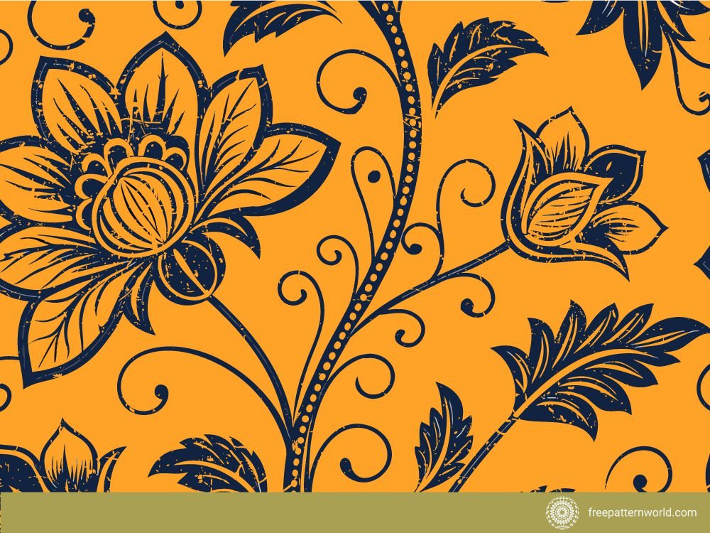 A close-up of a seamless vintage pattern design featuring large, stylized dark navy blue flowers and swirling vines with a distressed texture, set against a vibrant orange background.