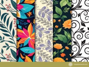 A collage of five distinct and vibrant maximalist floral patterns displayed in vertical panels. The designs range from colorful, bold, and abstract botanicals to more traditional and elegant floral motifs in various color palettes.