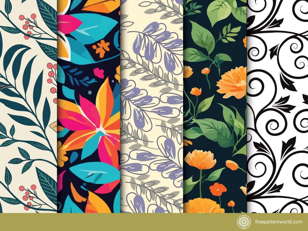 A collage of five distinct and vibrant maximalist floral patterns displayed in vertical panels. The designs range from colorful, bold, and abstract botanicals to more traditional and elegant floral motifs in various color palettes.