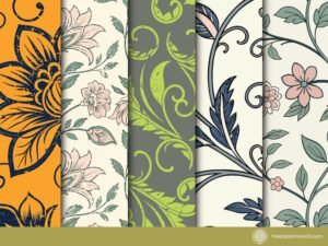 A collage of five vertical panels, each displaying a unique vintage pattern design featuring ornate floral and foliage motifs in various color schemes like orange and navy, pink and green, and grey and lime.