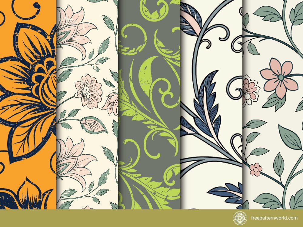 A collage of five vertical panels, each displaying a unique vintage pattern design featuring ornate floral and foliage motifs in various color schemes like orange and navy, pink and green, and grey and lime.